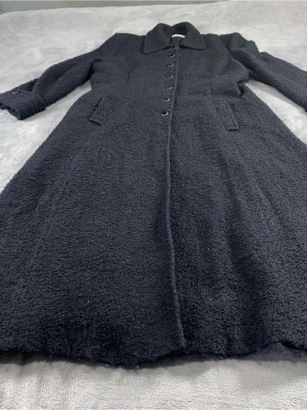 Elegant Black Bouclé Trench Coat with Button Front